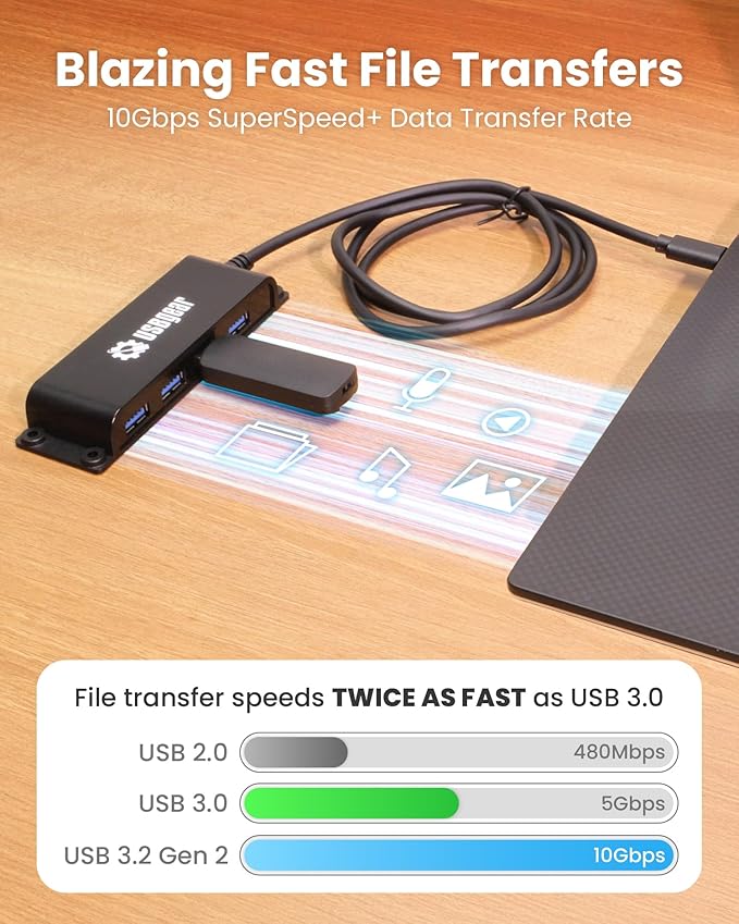 USBGear 4-Port USB 3.2 Gen 2 Data Transfer Hub - 10Gbps Ultra-Compact USB-C Hub with 3.3 ft Integrated Extension Cable and Built-in Mounting [No Charging] for Mac, PC, Mobile HDD, Flash Drives