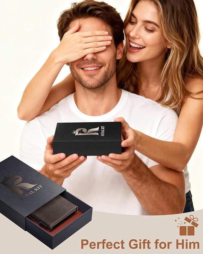 ROYAL KIT Wallet for Men Card Holder: Pop Up Card Case, RFID Blocking, Premium Genuine Leather, Slim, Minimalist, Front Pocket - 14 Card Capacity | ID Window | Cash Slot (Brown)