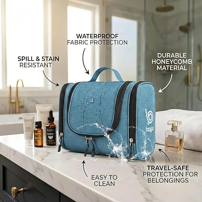 Bago Travel Toiletry Bag for Women and Men - Large Waterproof Hanging Large Toiletry Bag for Bathroom and Travel Bag for Toiletries Organizer -Travel Makeup Bag (SnowBlue)