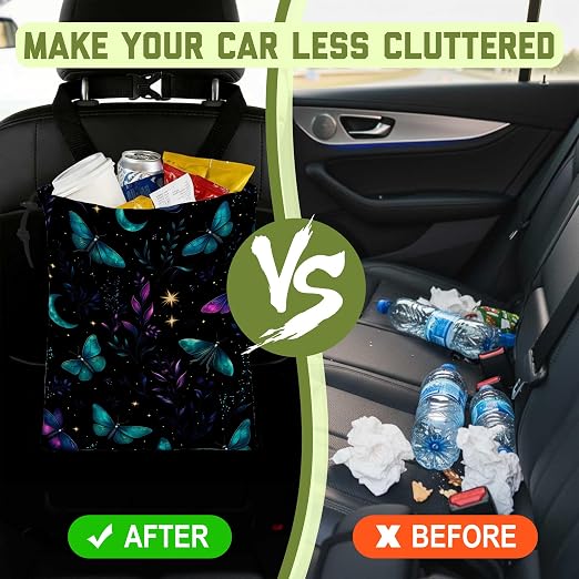 Car Garbage Bag Blue Purple Butterfly and Moon Hanging Canvas Car Trash Bag Waterproof Drawstring Car Back Seat Organizer for Car Back Front Seat Console with Adjustable Buckle