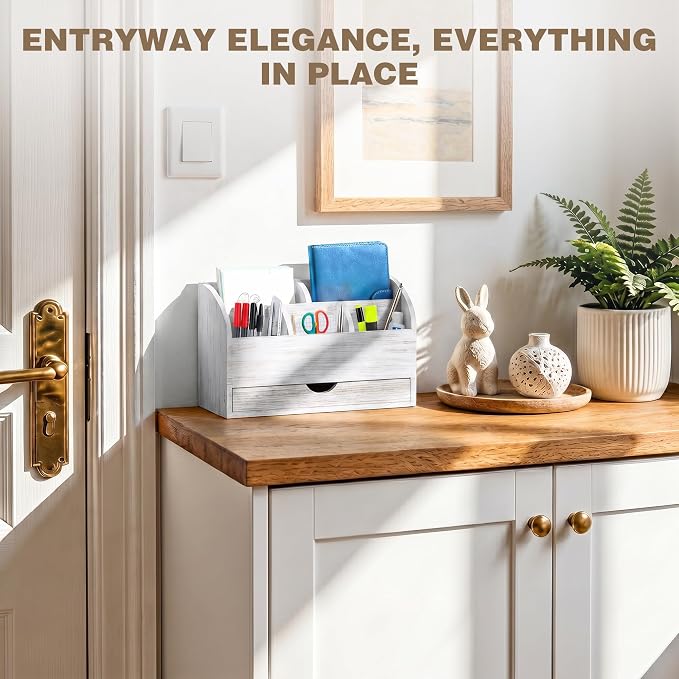 Wood Mail Organizer with Drawer & Pen Holder, White Mail Holder with 5 Detachable Compartments, Desk Organizer for Bill Envelope Storage, for Office Entryway Kitchen Countertop