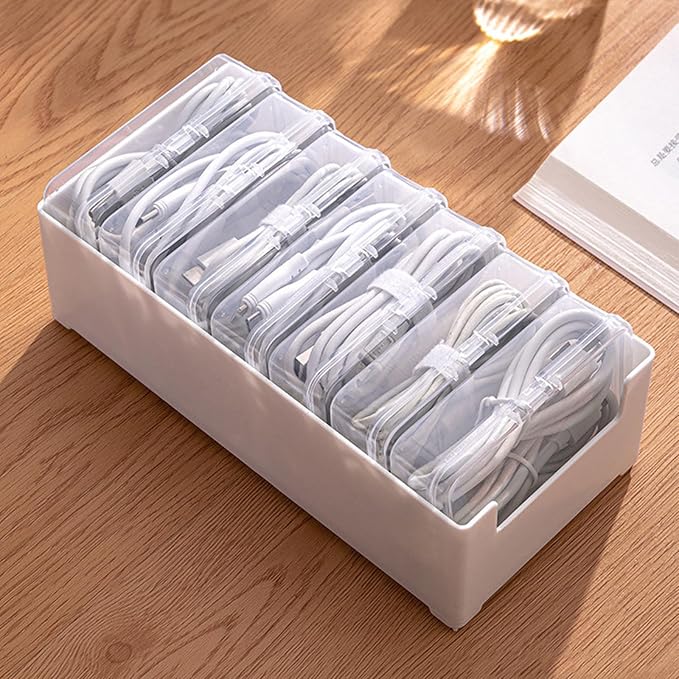 Cable Organizer Box for Charging Cords, Desk Wire Management Holder with Adjustable Dividers, Lightweight Charging Cable Storage Case for Home