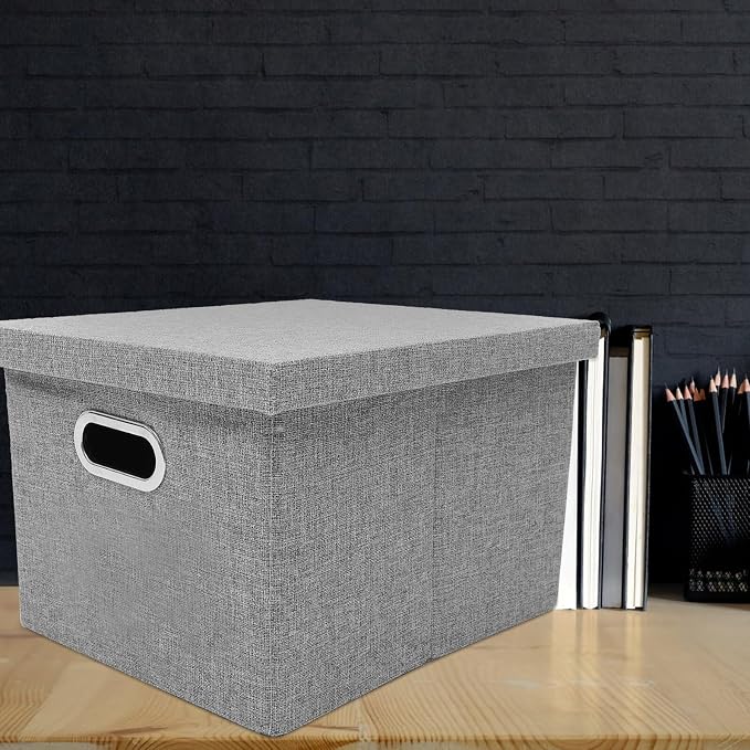 Gray Cloth File Organizer Box with Lid, Office Desk Storage Container for Document Filing and File Carrying, Stackable Desktop Storage Holder for Office Supplies