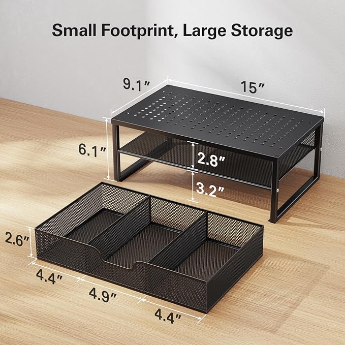 HUANUO 2 Tier Monitor Stand, Metal Monitor Riser with Storage, Computer Desk Organizer with Drawer for Laptop, Computer, PC, Black