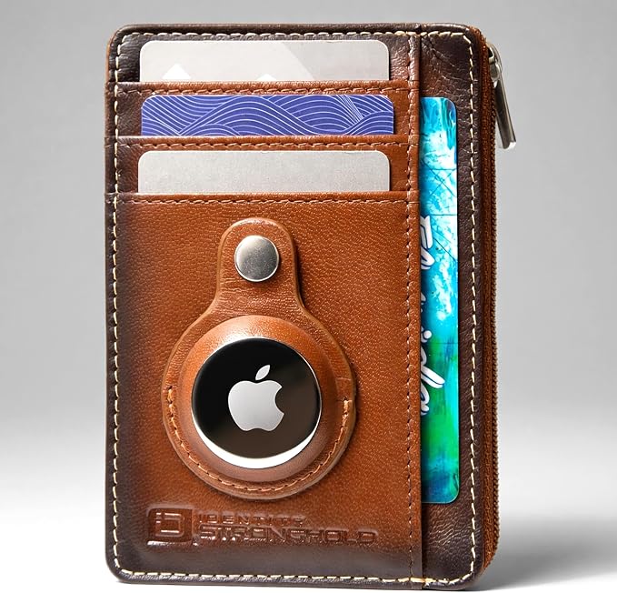 ID Stronghold RFID Blocking Front Pocket Wallet – Slim Minimalist Genuine Leather Wallet with Zipper Coin Pocket (Airtag Antiqued Brown)