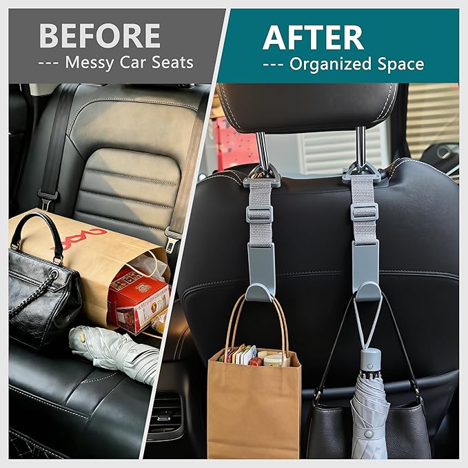 Amooca Headrest Hooks for Car Adjustable 4 Pack Vehicle Seat Back Organizer Storage Hanger Holder for Purse Bags Universal Fit with Clip Gray