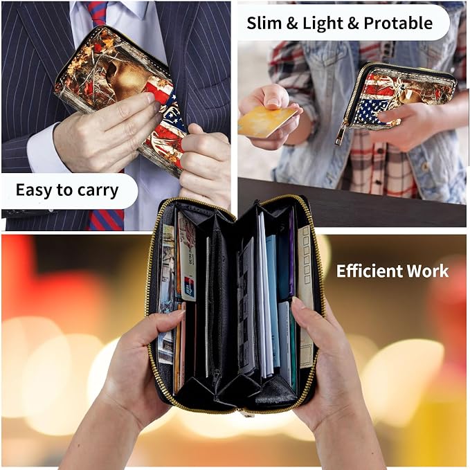 Wallet,Leather Long Wallet Suitable For Ladies And Teenagers - Detachable Wristband + RFID Travel Wallet With Card Slot - American Flag and Deer