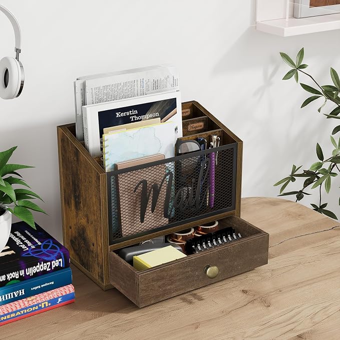 YINMIT Mail Organizer Countertop with 3 Compartments and Drawer, Mail Holder Sorter for Desk, Mail Organizer Wall Mounted, Countertop Desk Office Accessories Organizer for File Paper Folder