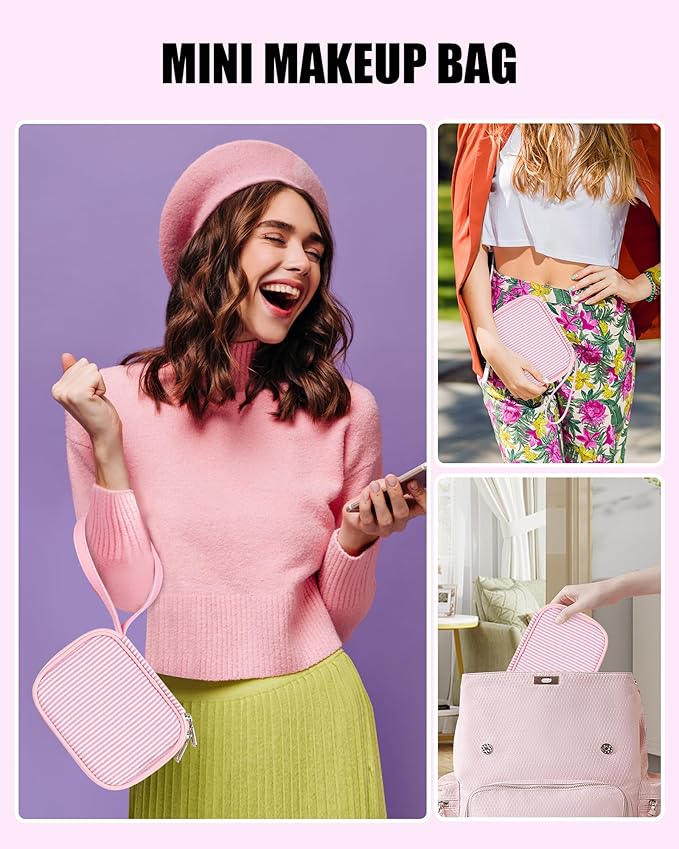Relavel Mini Makeup Bag with Led Mirror, Small Cosmetic Bag with 3 Light Modes, Rechargeable Portable Makeup Pouch with Hands-Free Wrist Strap for Pool Parties丨Work Touch-Ups丨Travel - Pink Strip