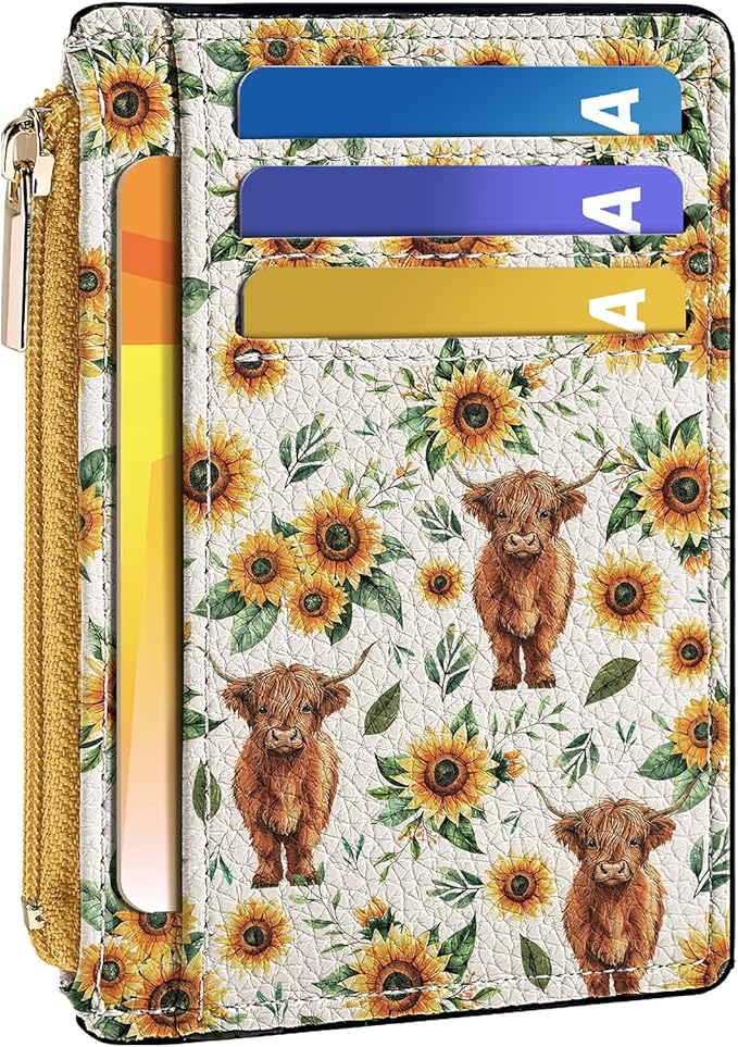 Tipmile Credit Card Holder for Women Slim Minimalist Front Pocket RFID Blocking Wallet Small Compact Card Case with ID Window, Highland Cow