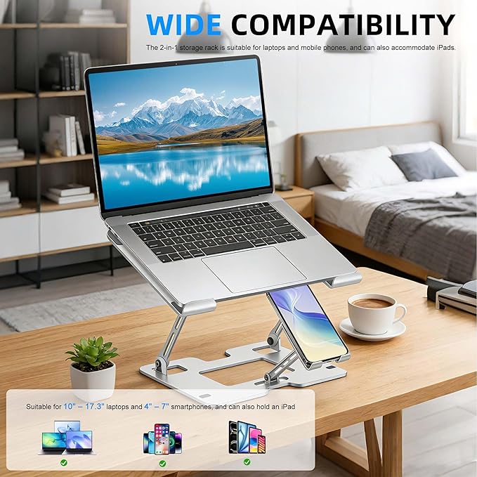 Ergonomic 2-in-1 Laptop Stand for Desk with Phone Holder, Adjustable Laptop Riser, Computer Stand for Laptop, Sturdy and Portable Stand, Compatible with Most Laptops and Phones (White)