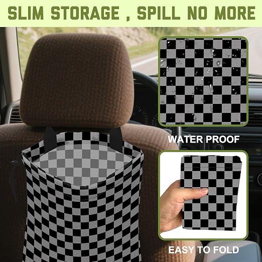 Car Trash Bag Black Gray Checkered Hanging Drawstring Car Organizer and Storage Bag with Adjustable Buckle Canvas Garbage Bin for Back Seat or Hanging Headrest Car Decor Road Trip Essentials