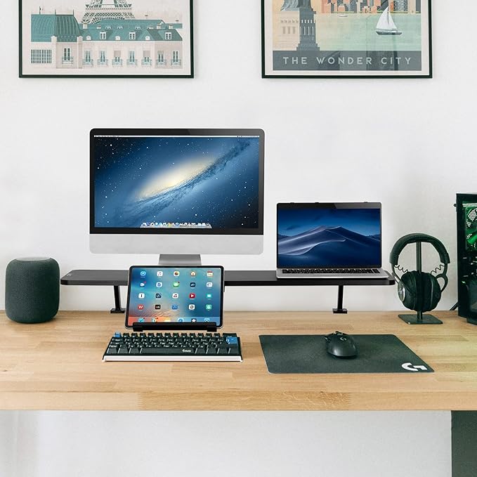 AVLT Clamp Desk Shelf Dual 32" Monitor Clamp-On Monitor Riser With Slide Out Holder For Convertible Laptop Tablet Smartphone (Black) - Floating Monitor Stand (Shelf Only)