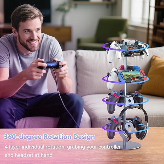 4 Tiers 360 Degree Rotatable Game Controller Stand for PS5 Xbox Nintendo Switch PS4, Aluminum Alloy Headset Controller Holder for Desk, Universal Gaming Headphone Stand Organizer Rack, Grey