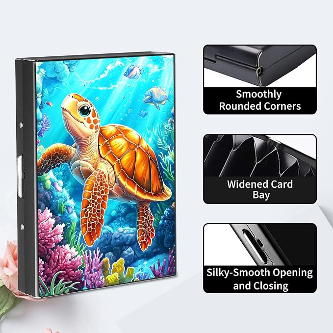 RFID Metal Wallet Credit Cards Holder Slim Mini Business Card Holder Metal ID Case Gift for Men Women,Cartoon Turtle