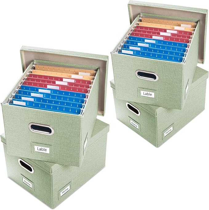 PRANDOM File Organizer Box - Set of 4 Collapsible Decorative Linen Filing Storage Hanging File Folders with Lids Office Cabinet Letter/Legal Size Green 17.1x14x11.1 inch