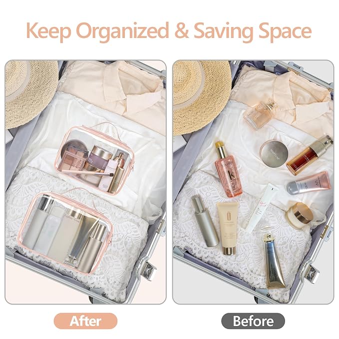 PACKISM Clear Makeup Bag Combo Pack, 1 TSA Approved Medium & Large for Checked Luggage, Clear Toiletry Bag with Handle, Water-resistant Travel Essentials Organizer, Rose Pink