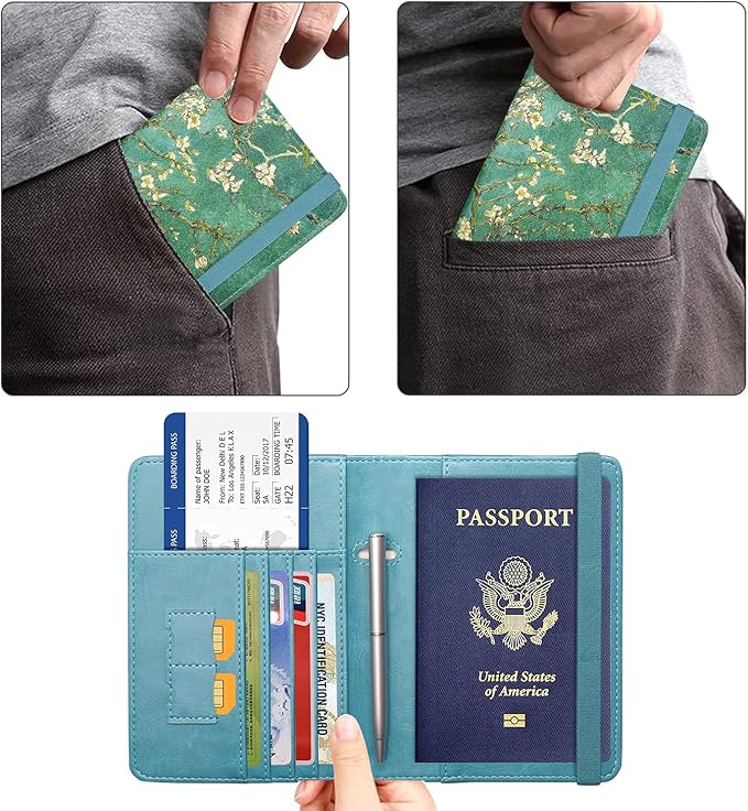 ACdream Passport Holder Cover, Leather Travel Wallet Case, RFID Blocking Document Organizer Protecrtor, with Slots for Credit Cards, Boarding Pass, for Women and Men, Blossom