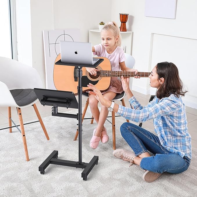 2 Shelves Projector Stand Tripod, Height Adjustable Max 64", Mobile Laptop Cart on Wheels Projector Tripod Stand, Overbed Table with Wheels, Rolling Laptop Floor Stand for Couch