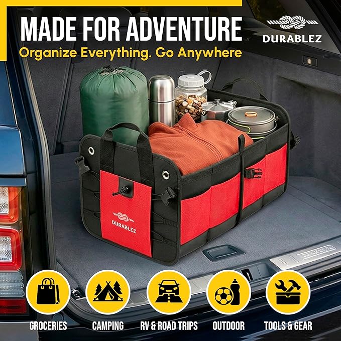 2-Section Foldable Trunk Organizer – Compact Car Storage for Groceries, Kids Items, Travel Gear – Dual-Compartment Cargo Bin with Cover Net – Red