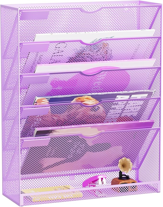 Hanging Wall File Organizer 6 Tier Wall Mounted Mail Paper Folder Holder Document Organization Stand, Vertical Desk Magazine Rack for Office Home Cubicle Countertop, Light Purple