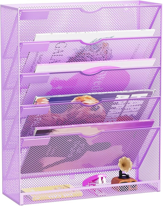 Hanging Wall File Organizer 6 Tier Wall Mounted Mail Paper Folder Holder Document Organization Stand, Vertical Desk Magazine Rack for Office Home Cubicle Countertop, Light Purple