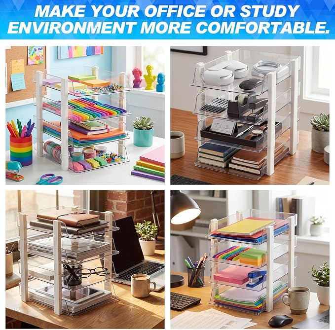 SiliFine 4 Tier Clear Stackable Desk Organizer 12.68 x 10.47 x 12.91 Inch Plastic Letter File Trays Rectangular Paper Storage Holder for Office Desktop Document Classroom Hospital (White)