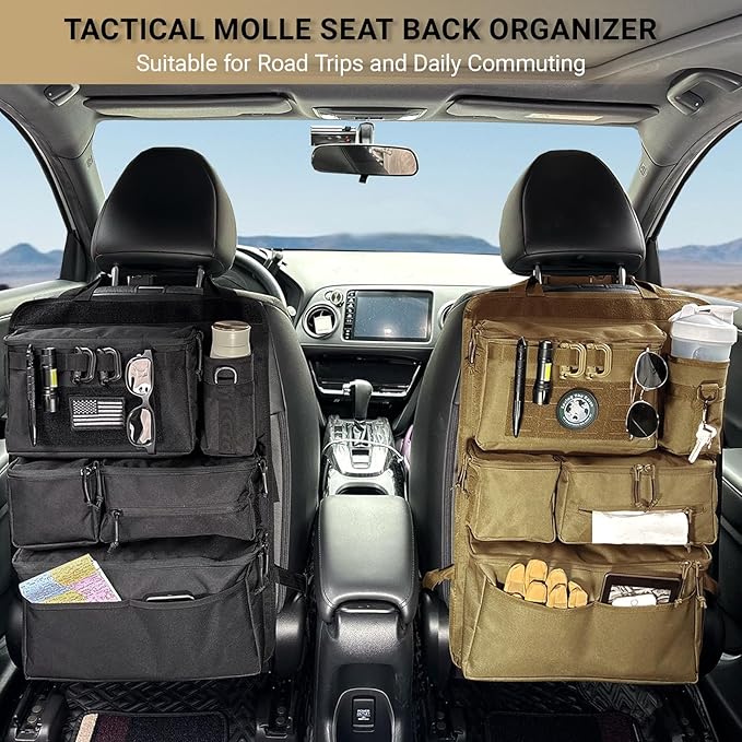 Tactical Seat Back Organizer Heavy Duty MOLLE Panel Organizer with Multiple Pockets & Hook Loop Panel for EDC Gear, Road Trip Essentials, Universal Fit for Car SUV Truck Jeep (Mud)