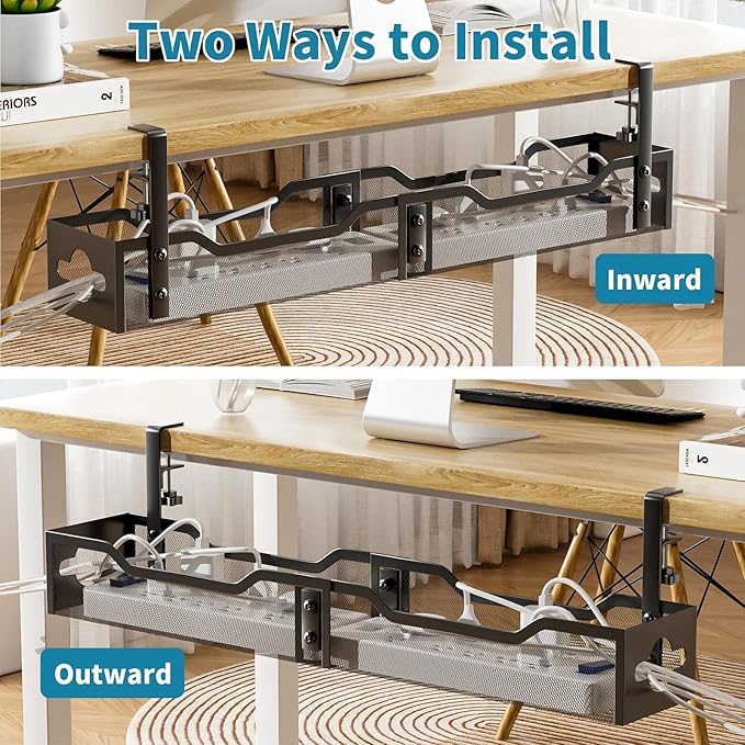 Under Desk Cable Management Tray 32'', Cable Management Under Desk No Drill, Cable Organizer with Clamp for Wire Management, Cord Organizer for Office, Home - No Damage to Table (Black)