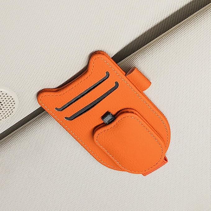 Sunglasses Holder for Car Visor, Magnetic Leather Glasses Eyeglass Clip, With Ticket and Pen Clip (Orange)