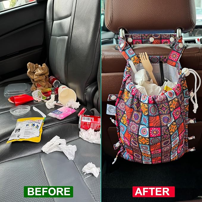 FLOCK THREE Leak-Proof Waterproof Car Trash Bag Foldable Multipurpose Trash bin Container Storage Cute Grocery Organizer Bag for Automotive Front or Back Seat in Cars SUVs and Trucks (Batik)