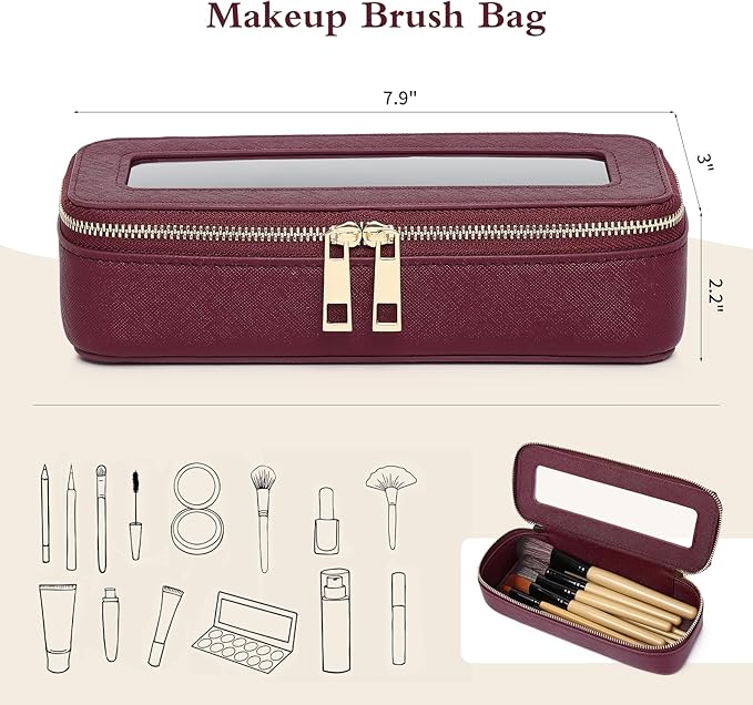 Pinkmik Makeup Brush Case Clear Travel Cosmetic & Toiletry Bag Small Makeup Bag with Zipper Purse Organizer Car Essential Bag for Women (X/Burgundy, SLIM)