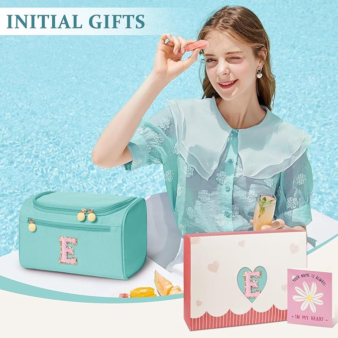 COSHAYSOO Initial Girls Hanging Travel Toiletry Bag Traveling Size Skincare Toiletries Bags Teen Girl Trip Gifts Favors, Summer Fall Camp Essentials for Teenage Sleepaway Sleepover Teal Blue Letter E