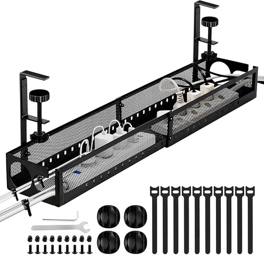 Under Desk Cable Management Tray No Drill - 25'' Large Metal Mesh Cord Organizer with Clamp Mount 2 Hole Cable Organizer Tray with Wire Management for Home Office Standing Desk