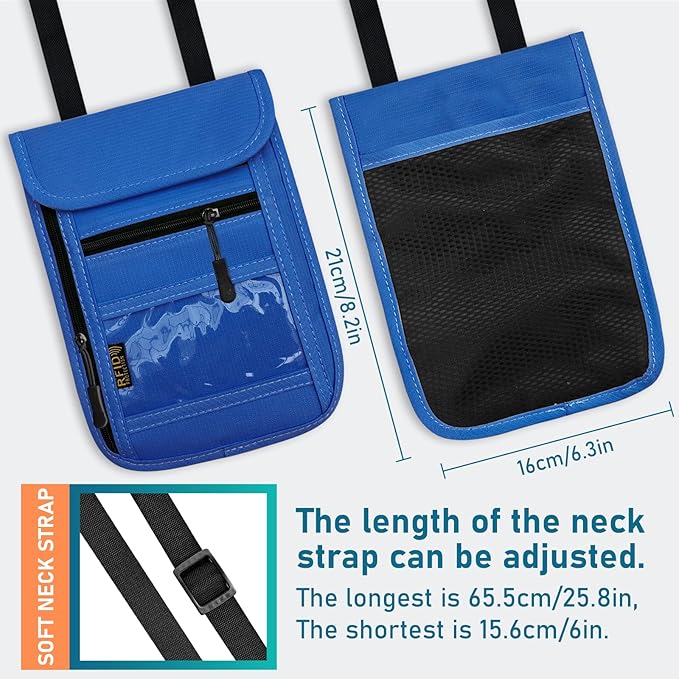Travel Neck Wallet & RFID Blocking Sleeves for Men and Women, Neck Money Pouch Anti Theft Travel Document Organizer with Adjustable Strap - Blue