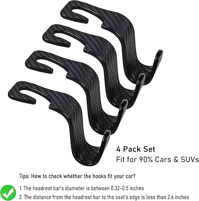 Car Seat Headrest Hook Universal Vehicle Seat Hook Hangers Interior Storage Organizer for Purse Handbag Coats Umbrellas Grocery Bags 4 Pack Black