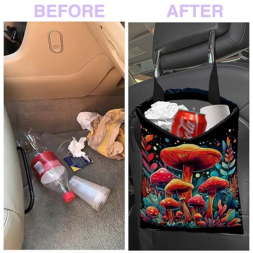 Car Trash Bag Hanging Colorful Mushrooms Car Trash Can for Back Seat Waterproof Car Trash Bin with Adjustable Straps and Drawstring for Car Accessories Vehicle Travelling Camping