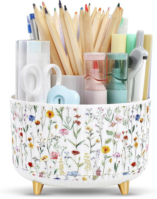 SKYDUE 360 Degree Rotating Desk Organizer, Dual-Purpose Pencil Pen Holder for Desktop, Desk Pen Organizer with 5 Slots, Office Supplies, Pencil Cup for Office, School, Home