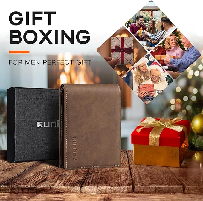 RUNBOX Wallet for Men Slim Leather Bifold RFID Blocking Minimalist Front Pocket Design with Gift Box