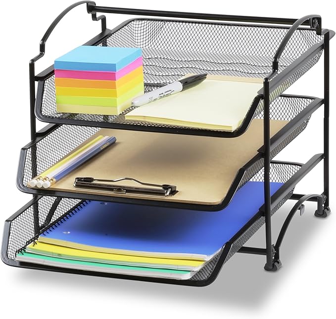 Simple Houseware 3-Tier Stackable and Sliding Desktop Document Letter Tray Organizer, Black