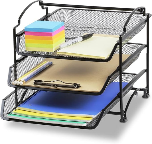 Simple Houseware 3-Tier Stackable and Sliding Desktop Document Letter Tray Organizer, Black