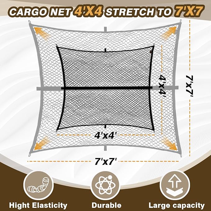 Muslogy Truck Bed Cargo Net Trunk Netting Compatible with Pickup Bed Stretchable 4'x4' to 7'x7' Accessories, Pickup Cargo Organizer SUV Sedan Storage Net w/Heavy Duty Carabiners