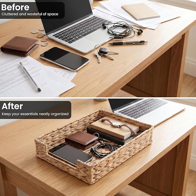 Letter Tray Water Hyacinth, Wicker Desk Organizer for Office Supplies Mail | Desk Tray Organizer for A4 Paper, Magazine, Jewelry Cosmetics, Paper Holder Storage Basket for Office, School, and Workspace