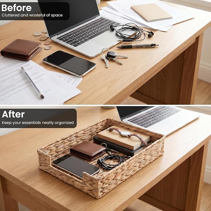 Set of 2 Letter Tray Water Hyacinth,Desk Organizer for Office Supplies | Desk Tray Organizer for A4 Paper, Magazine, Jewelry Cosmetics, Paper Holder Storage Basket for Office, School, and Workspace