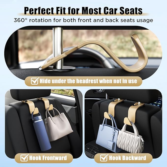Amooca Car Seat Headrest Hook 4 Pack Hanger Storage Organizer Universal for Handbag Purse Coat Universal fit Vehicle Car Beige with Clip