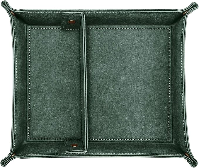 SITHON Valet Tray Desktop Storage Organizer, Removable 2 Compartments Catchall Tray Bedside Vanity Nightstand Caddy Holder Desk Storage Plate, Dark Green