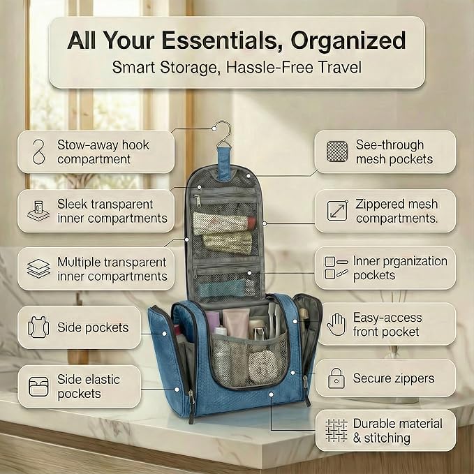 Bago Travel Toiletry Bag for Women and Men - Large Waterproof Hanging Large Toiletry Bag for Bathroom and Travel Bag for Toiletries Organizer -Travel Makeup Bag (SnowBlue)