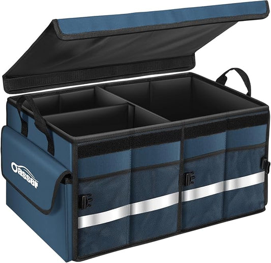 Oasser Car Trunk Organizer Collapsible Multi Compartments Trunk Organizer for SUV with Foldable Cover Reflective Strip
