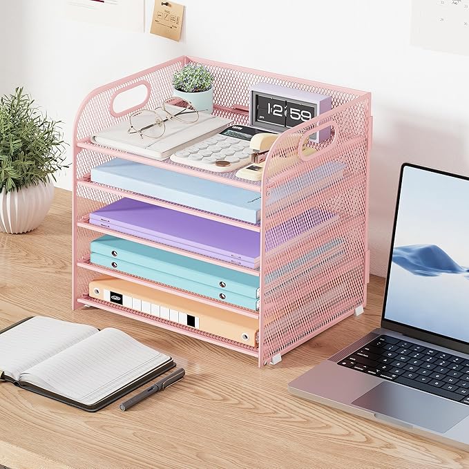 Cawukege 5 Tier Paper Organizer with Handle, Pink Metal Mesh Desk Organizer File Folder Paper Letter Tray Desktop Document Sorter for Classroom, School, Office Accessories Organization and Storage