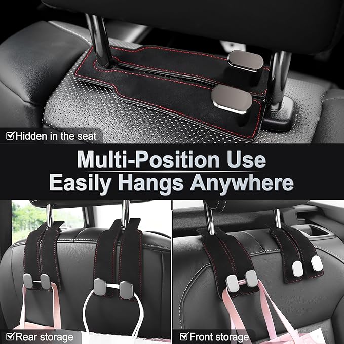 LivTee Headrest Purse Hook for Car, Seat Hook Hangers Storage Organizer for Bags and Coats Holder, Upgrade Leather Double Hook and Mobile Phone Holder for Universal Vehicle Car Accessories(Black-2PCS)